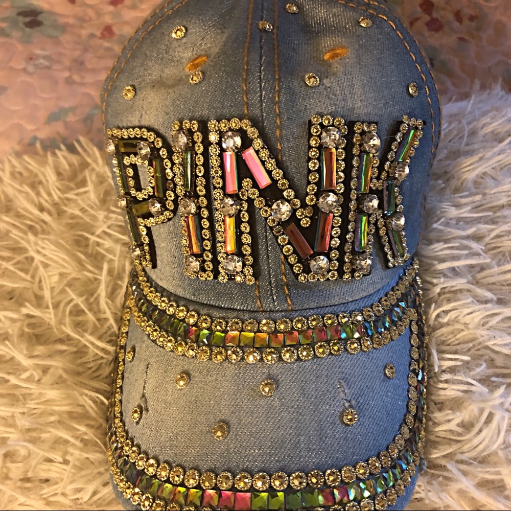 Denim, distressed PINK hat decked out w/crystals
